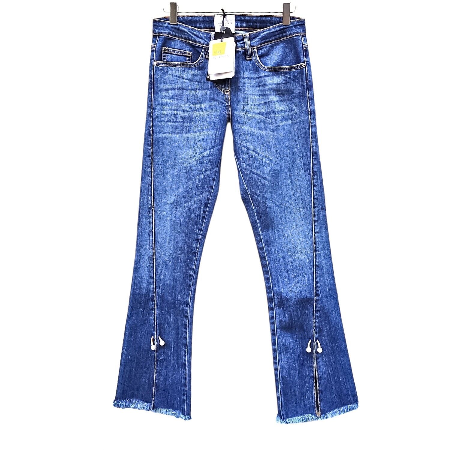 Cropped Bootcut Jeans for Women with Piercing with Pearls at the Front