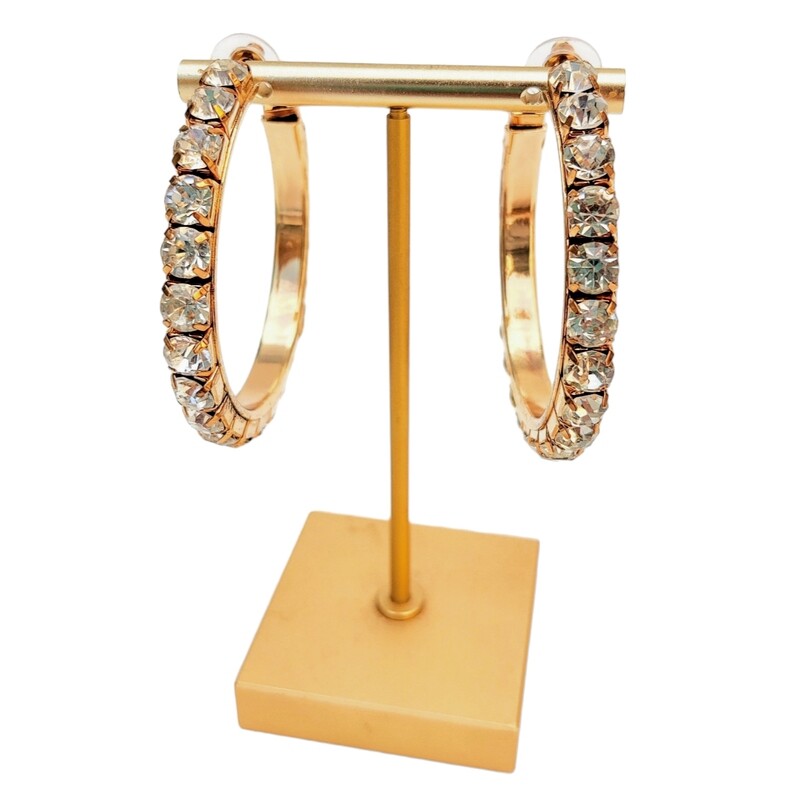 Golden hoop earrings for women with large rhinestones