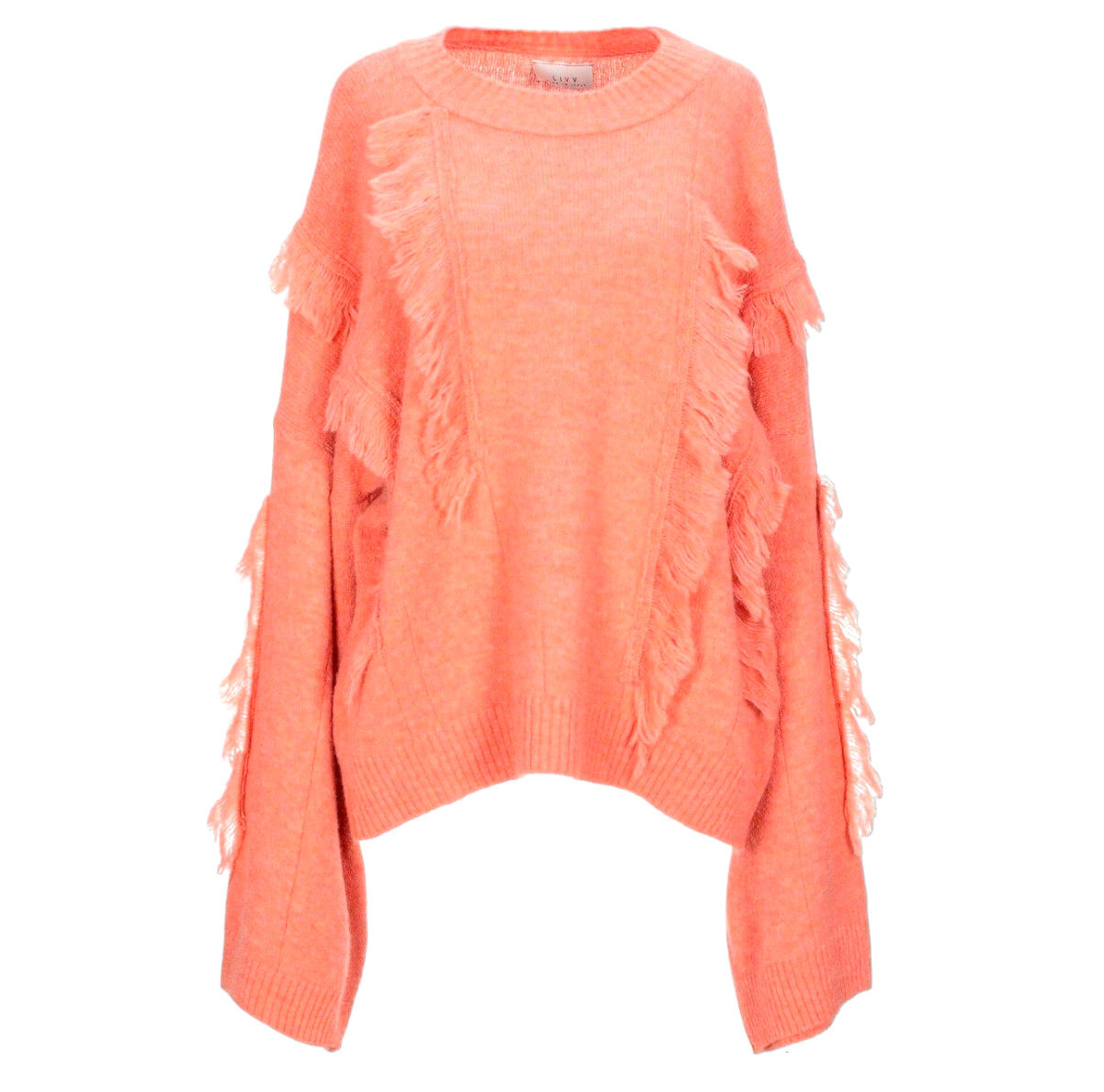 Pull femme en laine orange avec franges et manches larges