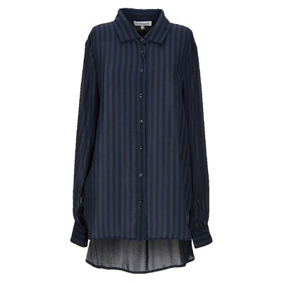 Women&#39;s Semi-Transparent Striped Shirt Navy Blue and Black - Asymmetric