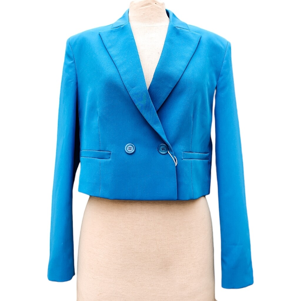 Women’s Double-Breasted Blue Blazer, Short and Elegant