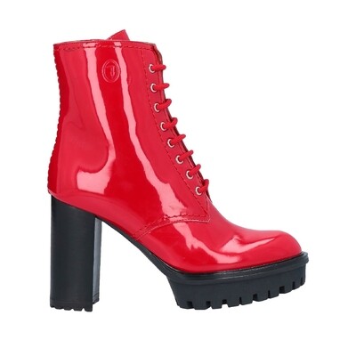 Women&#39;s Red Lace-Up Ankle Boots - Patent with Square Heel and Platform