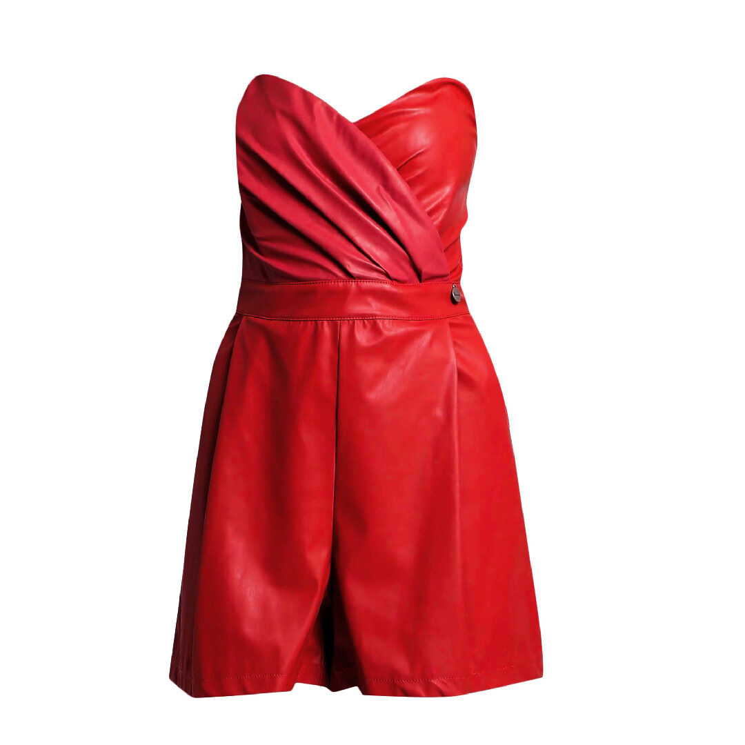 Red Women&#39;s Playsuit with Draped Faux Leather Bustier