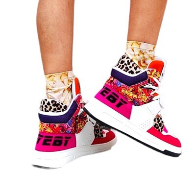 Women&#39;s High-Top Multicolored Leather Sneakers with Velcro and Laces