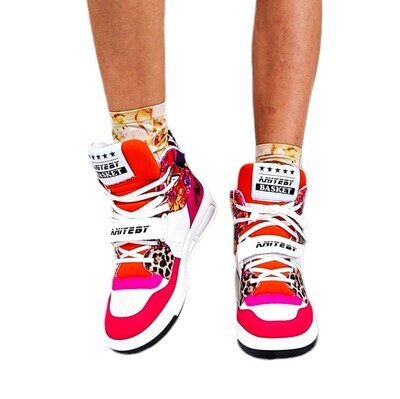 Women&#39;s High-Top Multicolored Leather Sneakers with Velcro and Laces