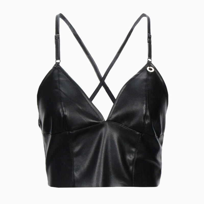 Black Vegan Leather Strap Crop Top for Women