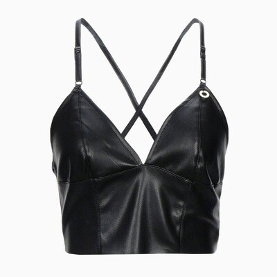 Svart Veganskt Läder Crop Top med Band för Damer