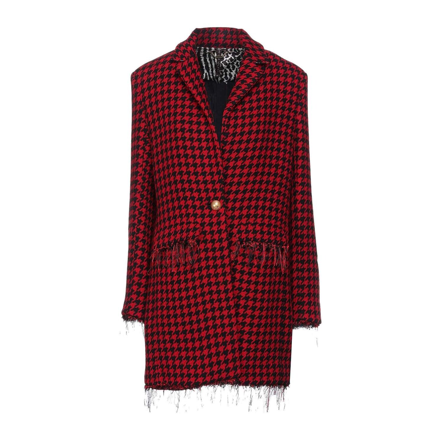 Veste longue en tweed pour femme, rouge avec motif pied de poule, idéale pour l&#39;automne/hiver