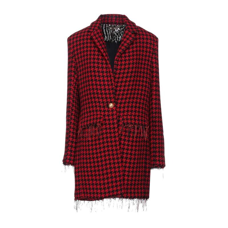 Veste longue en tweed pour femme, rouge avec motif pied de poule, idéale pour l&#39;automne/hiver
