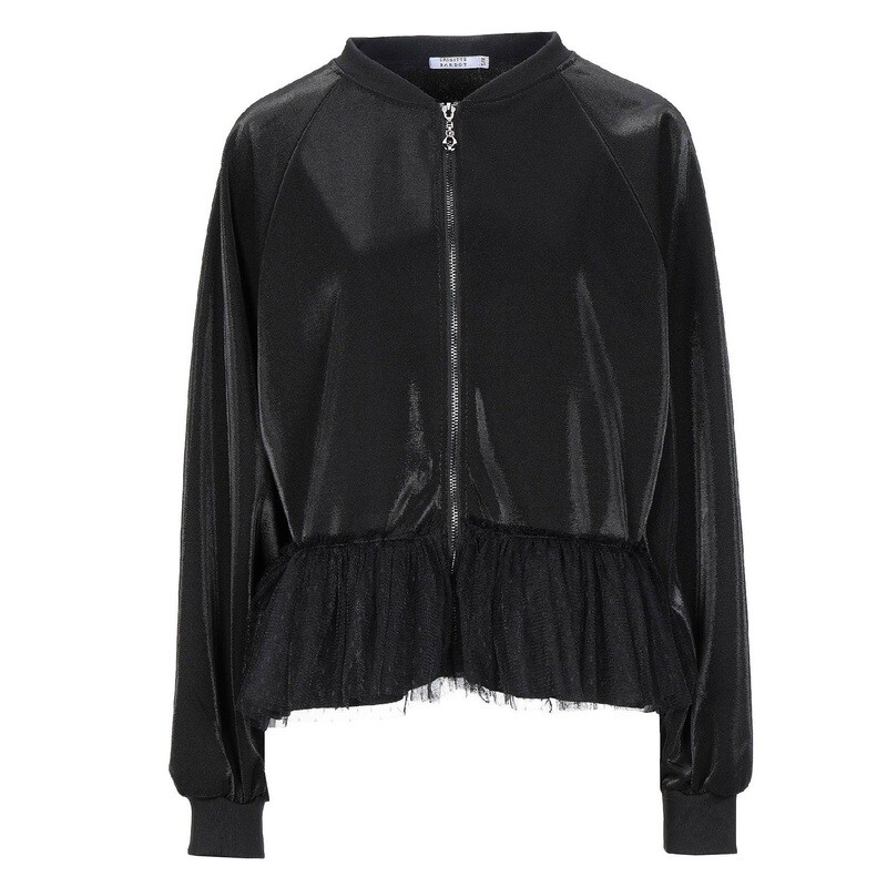 Women&#39;s Black Satin Bomber Jacket with Fluid Dotted Basque