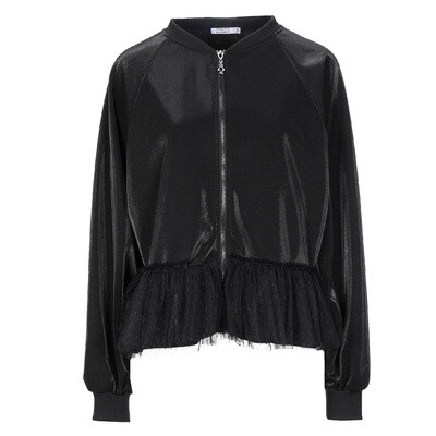 Women&#39;s Black Satin Bomber Jacket with Fluid Dotted Basque