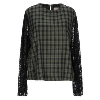 Blouse à carreaux kaki femme - Taille XS/S Blouse kaki à carreaux avec lurex doré et manches longues en dentelle noire pour femme