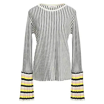 Women&#39;s Cotton Sweater with Vertical Black and White Stripes and Flared Sleeves