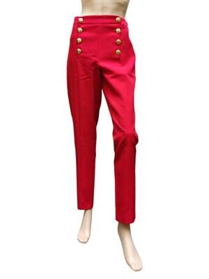 Pantalon femme rouge taille haute slim à pont – boutons dorés – Gaëlle Paris, 34 & 38 Pantalon tailleur femme rouge à boutons dorés