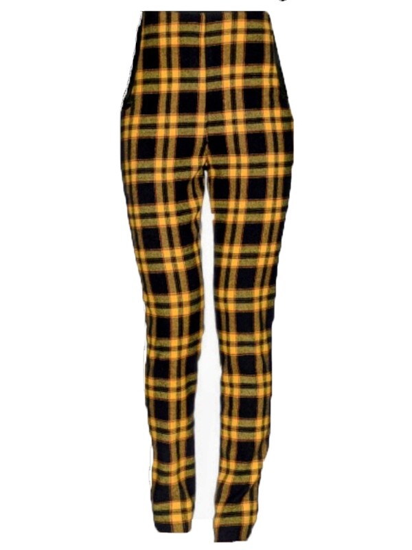 Women&#39;s Slim Wool Pants in Black and Yellow Tartan