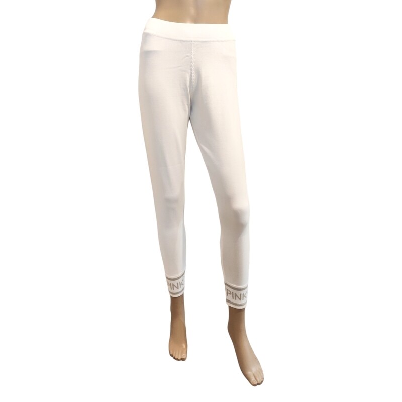 White women&#39;s leggings with silver Pinko logo at the ankles