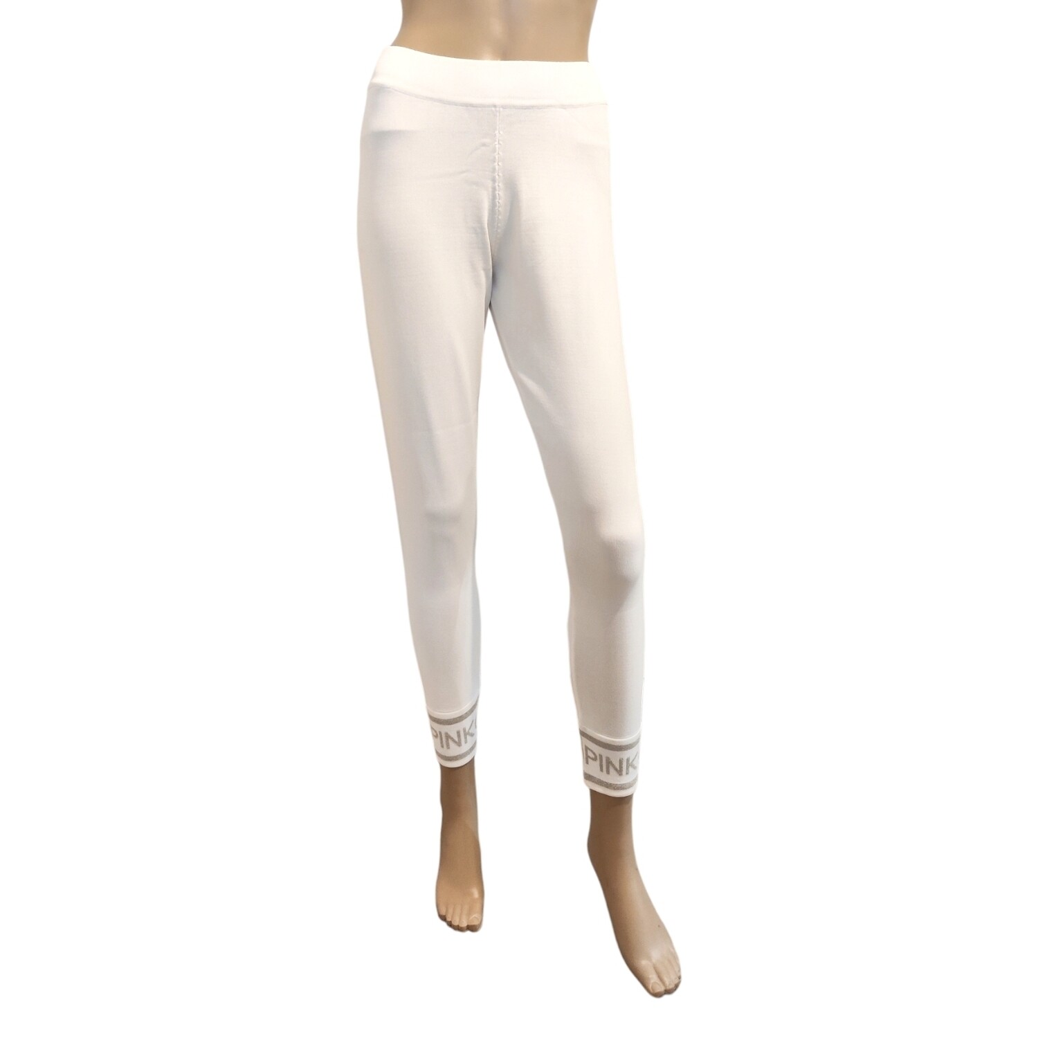 White women&#39;s leggings with silver Pinko logo at the ankles