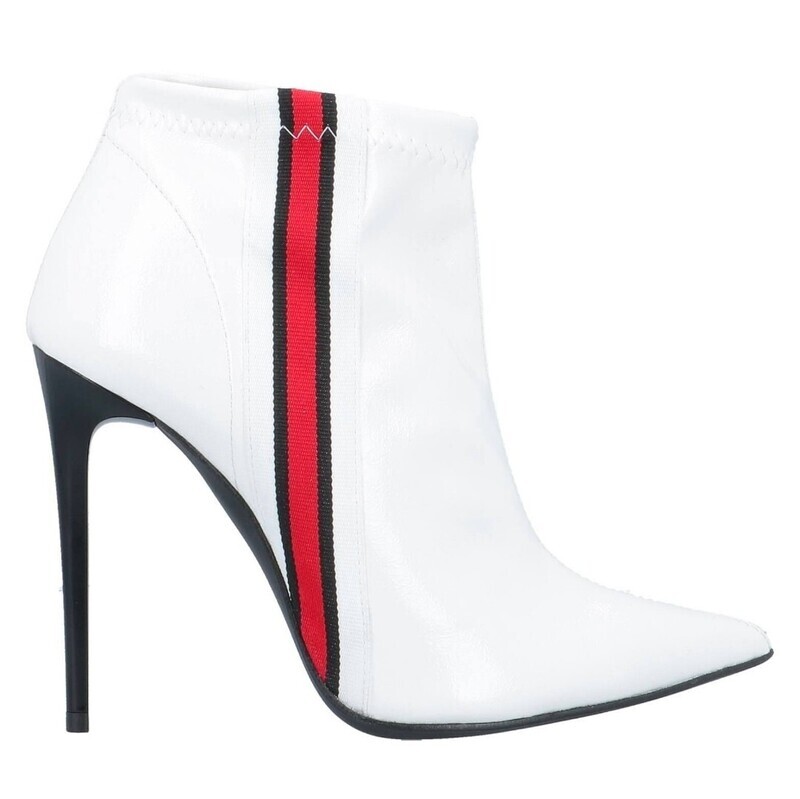 White patent faux leather Italian women&#39;s ankle boots with a 12 cm high heel and red side stripe