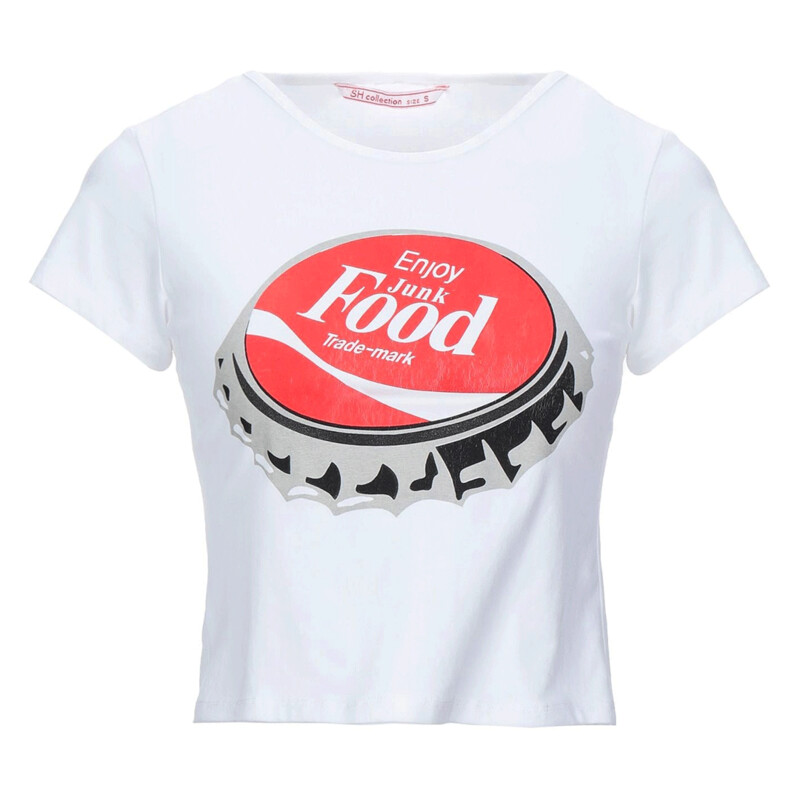 Women&#39;s white novelty T-shirt with &#39;Junk Food&#39; message and bottle cap print, 100% cotton