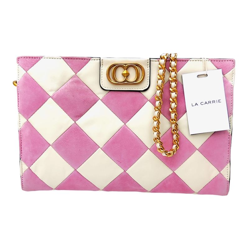 Women&#39;s genuine leather quilted handbag in pink and beige - Gold chain shoulder strap
