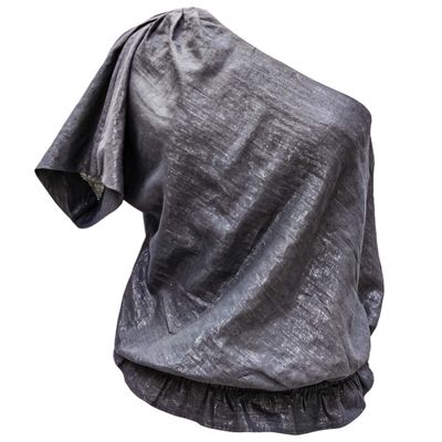 Asymmetrical blouse for women, grey lurex, one short sleeve, elasticated ruffle