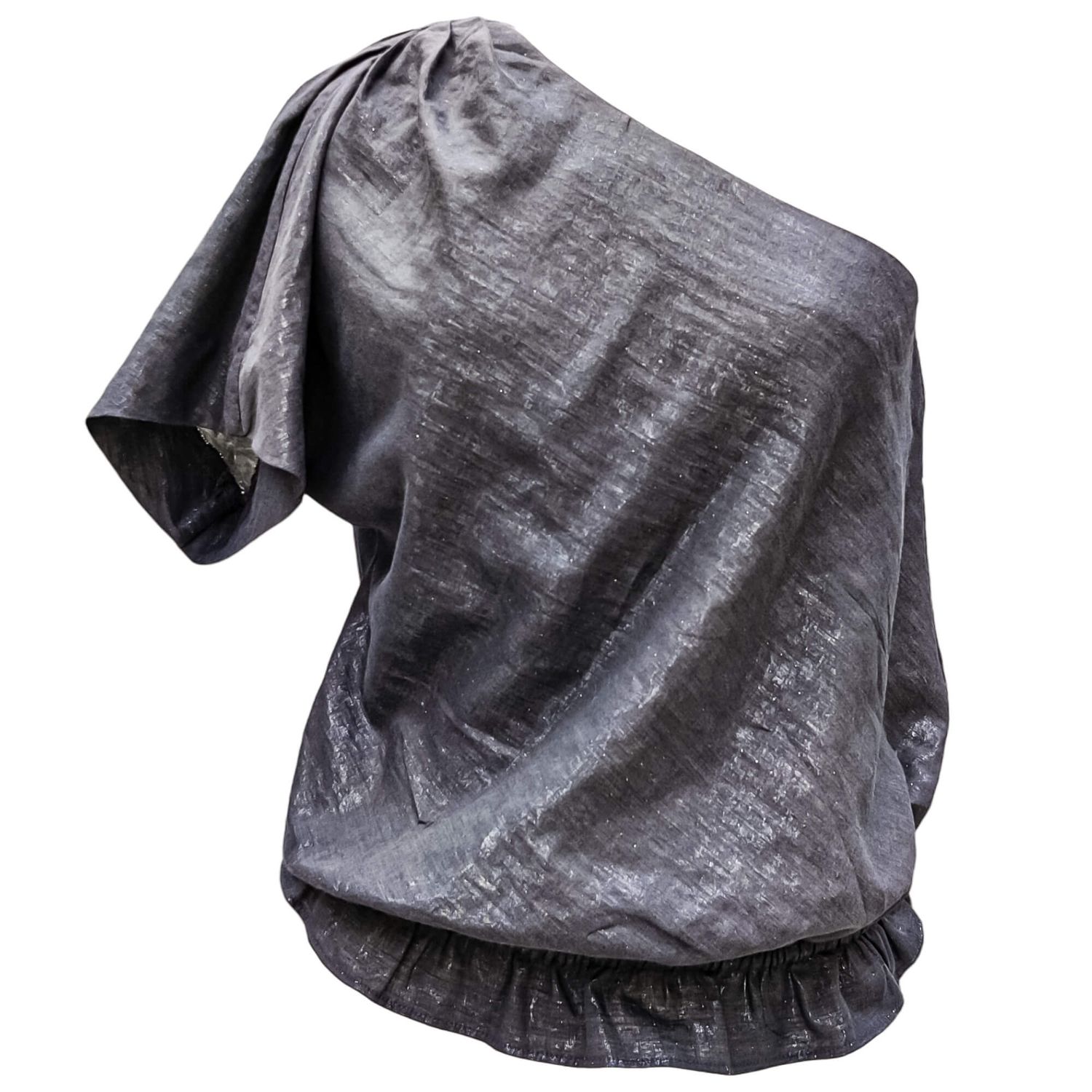 Asymmetrical blouse for women, grey lurex, one short sleeve, elasticated ruffle