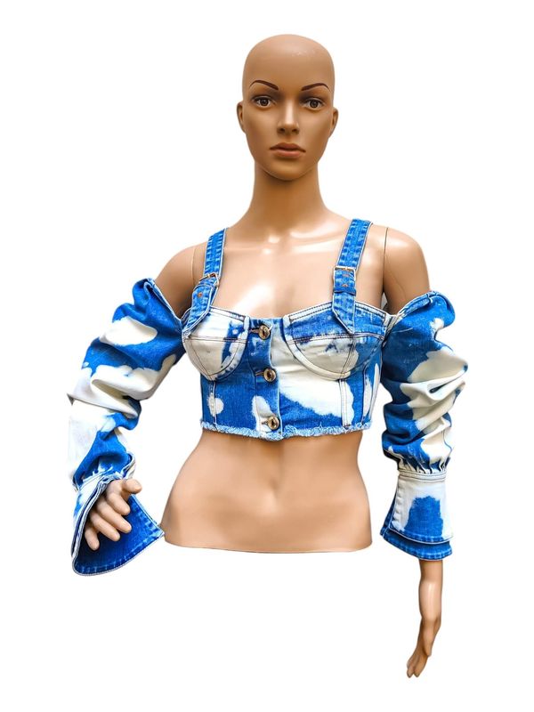 Washed Denim Crop Top with Long Sleeves - Off-Shoulder