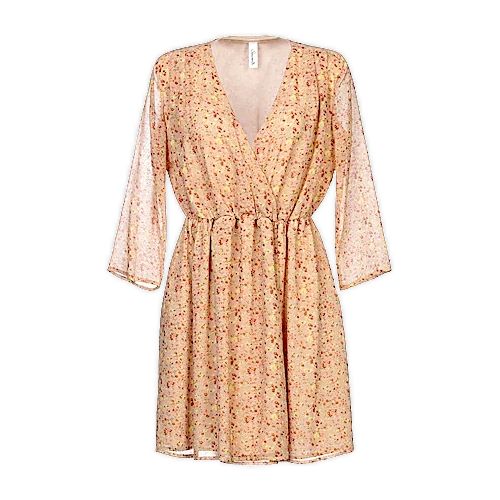 Short Floral Beige Dress, Fluid with Wrap Style and 3/4 Sleeves