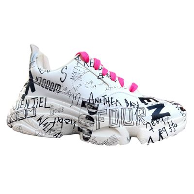 Women&#39;s white leather sneakers with graffiti print