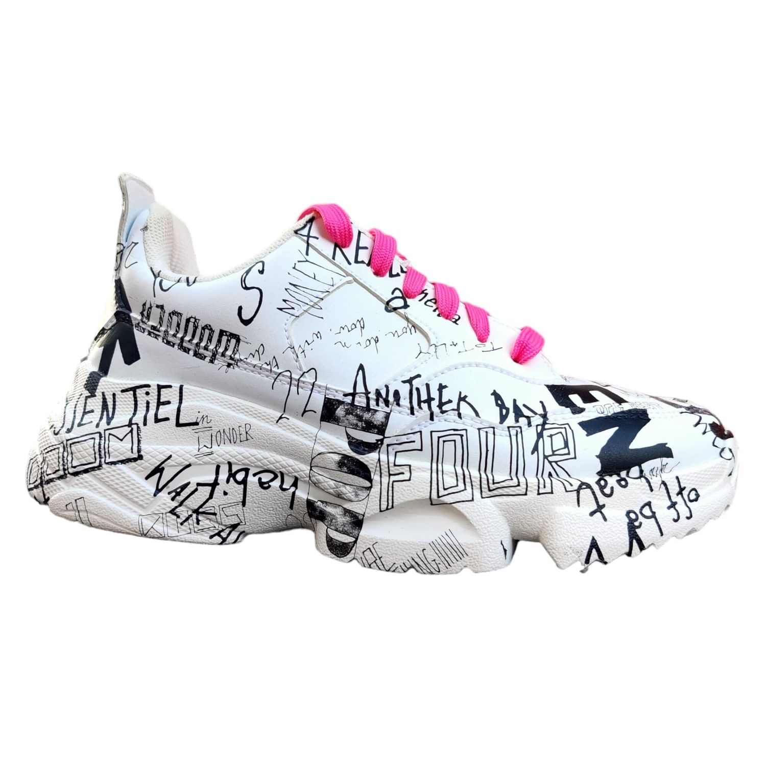 Women&#39;s white leather sneakers with graffiti print
