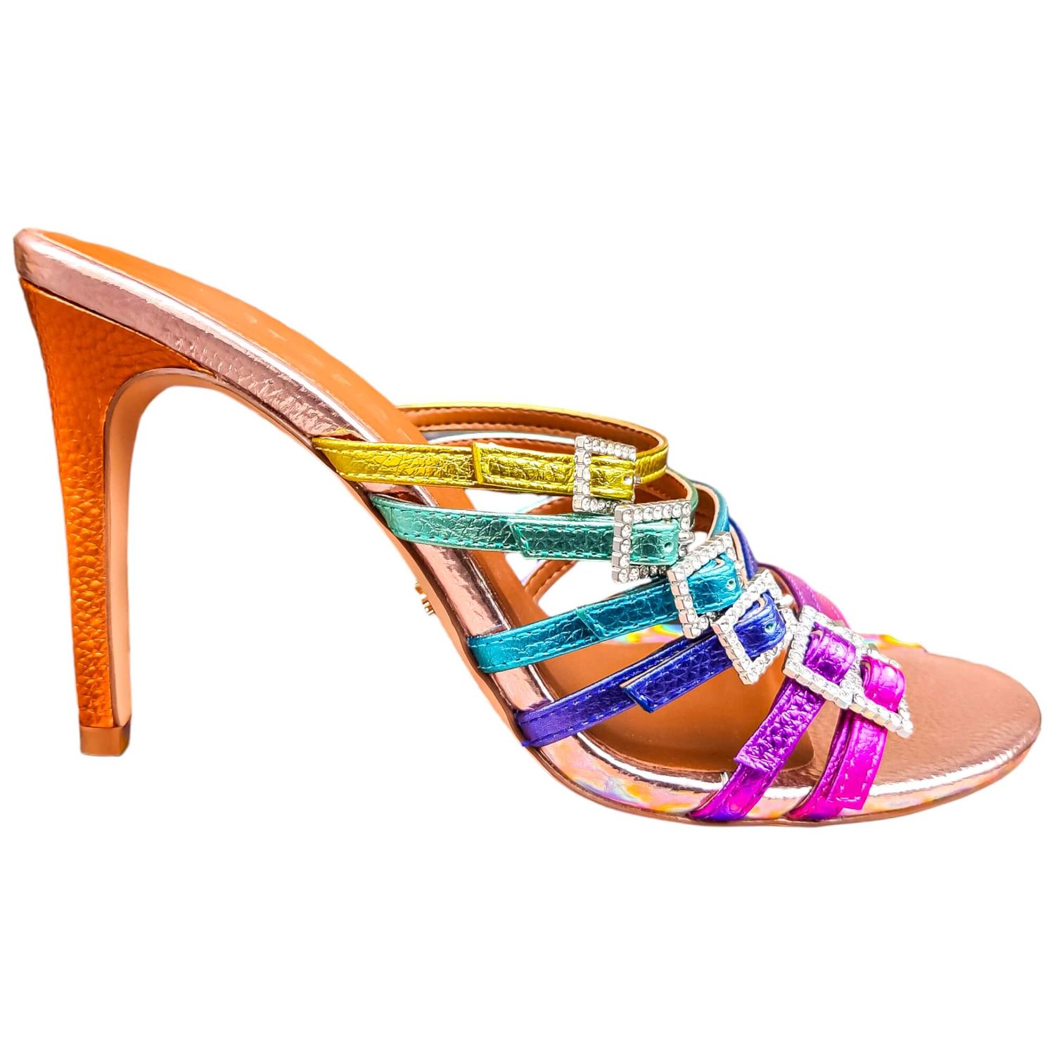Multicolored Kurt Geiger sandals, 10 cm stiletto heel, leather, multi-straps and rhinestone buckles