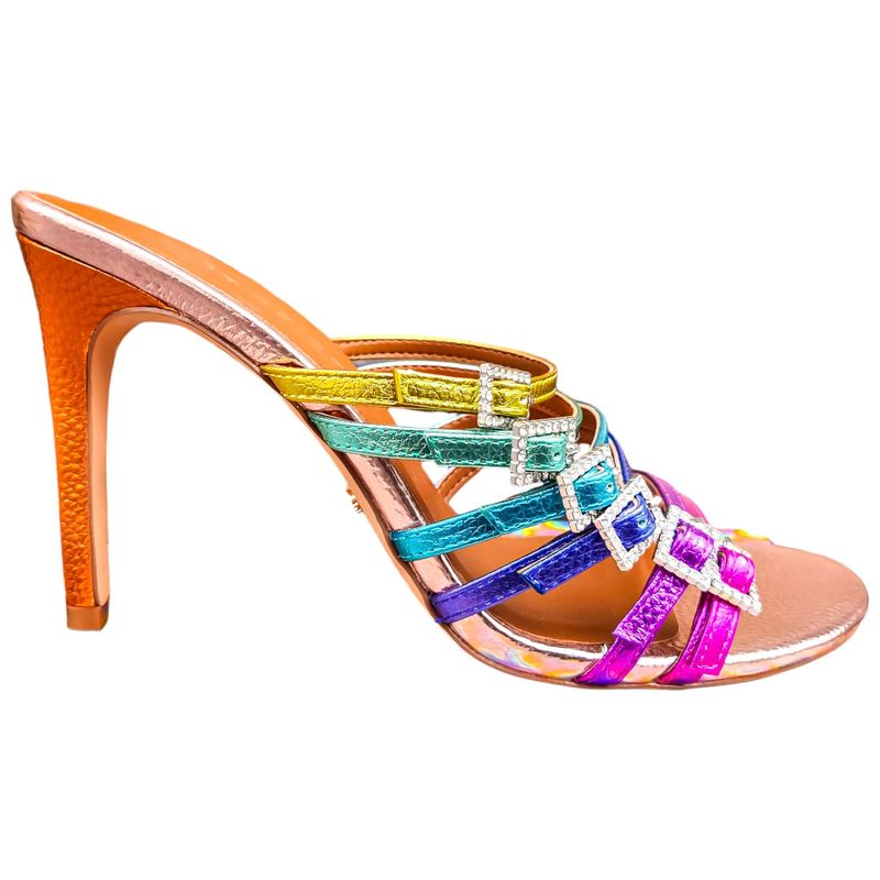 Sandales multicolores Kurt Geiger, talon aiguille 10 cm, cuir, multi-brides et boucles strass