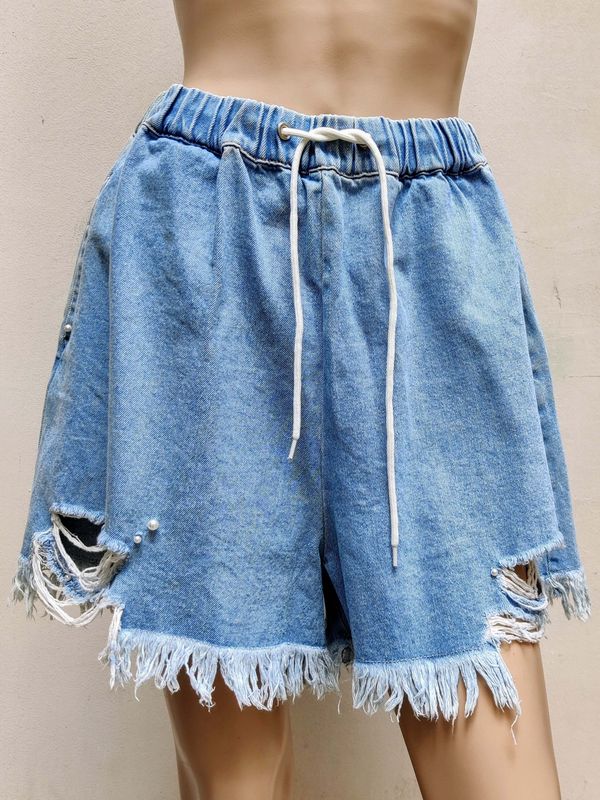 Handmade Women’s Denim Bermuda Shorts – High Waist S/M, Pearls &amp; Raw Hem