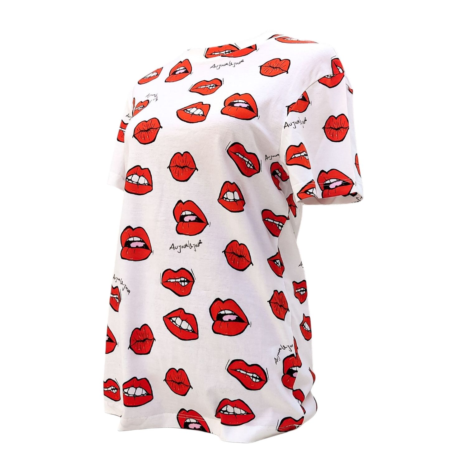 Women&#39;s Red Lips T-shirt in White Cotton