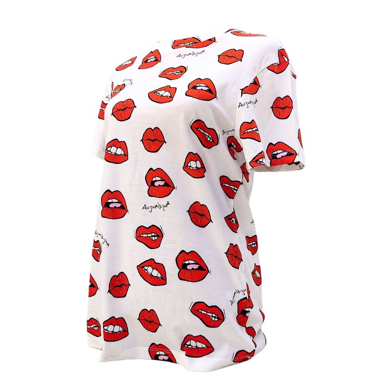 Women&#39;s Red Lips T-shirt in White Cotton