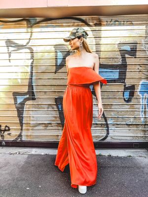 Long Fluid Orange Bustier Dress with Slits - Woman US 6