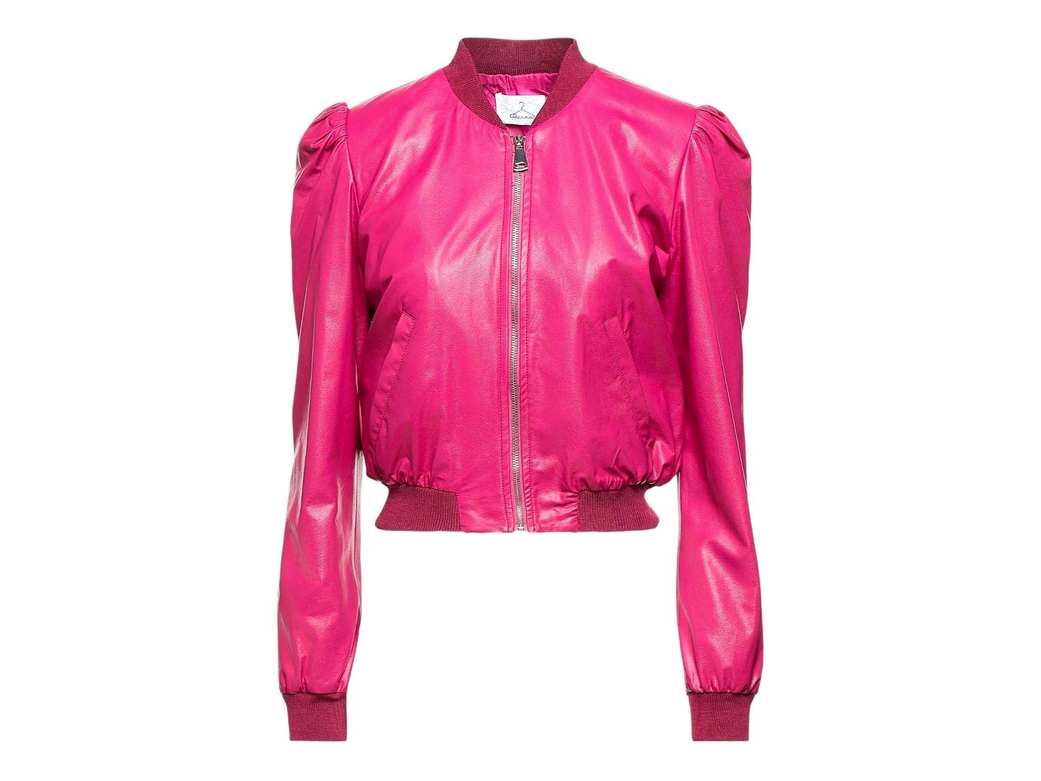Fuchsia Pink Women&#39;s Vegan Leather Bomber with Gathered Shoulders