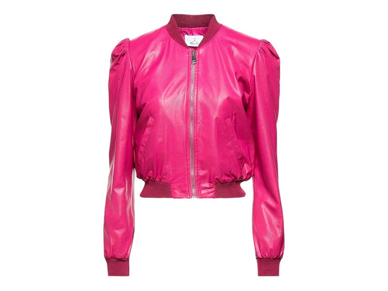 Fuchsia Pink Women&#39;s Vegan Leather Bomber with Gathered Shoulders