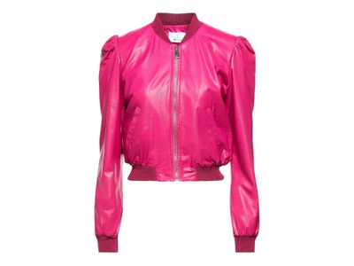 Fuchsia Pink Women&#39;s Vegan Leather Bomber with Gathered Shoulders