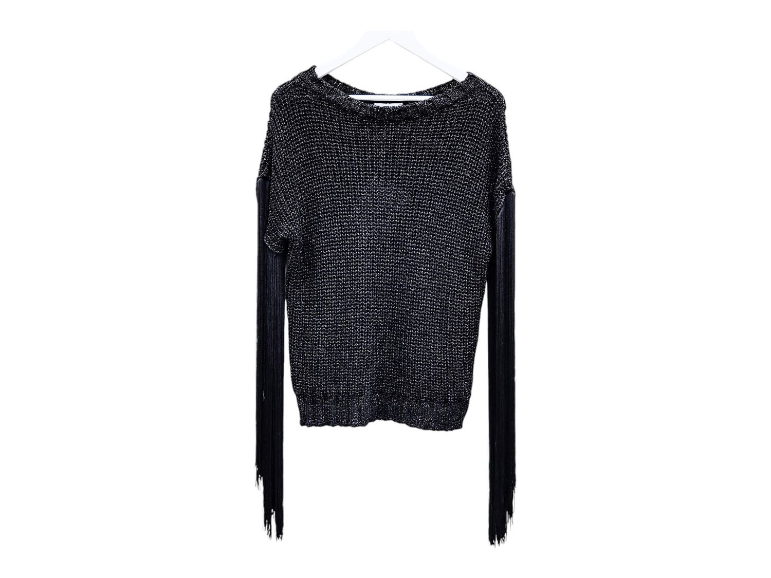 Shiny black women&#39;s sweater with round neck and fringes