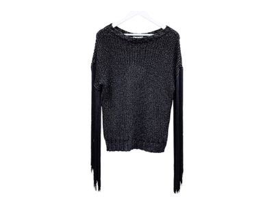 Shiny black women&#39;s sweater with round neck and fringes