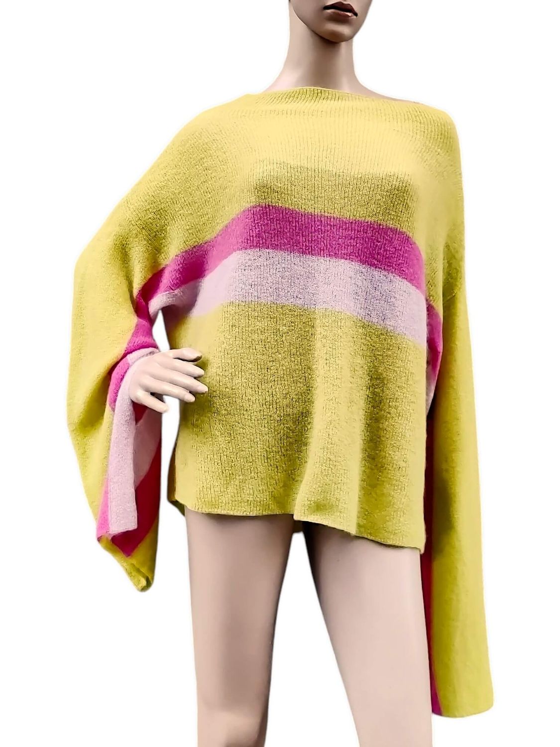 Women&#39;s Green Wool Sweater - Flared Sleeves with Pink Stripe