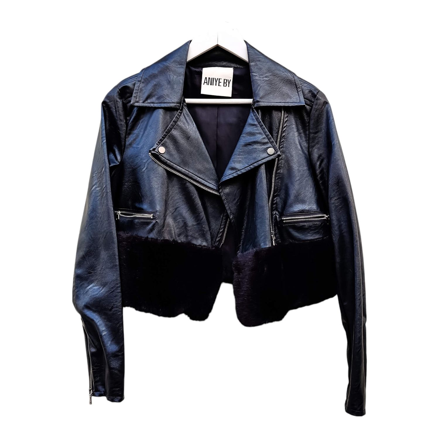 Women&#39;s Black Vegan Leather Perfecto Jacket with Fur Trim