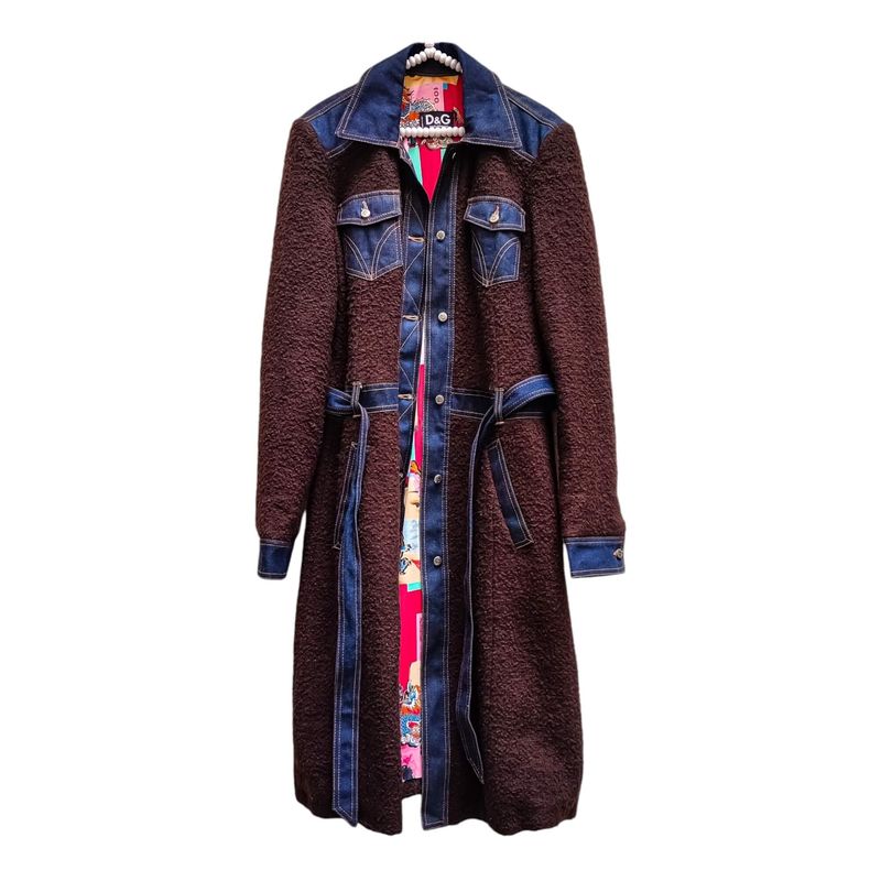 Manteau laine marron femme avec denim et ceinture à nouer - Mode Vintage - D&amp;G