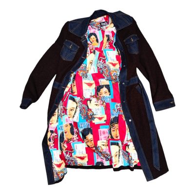 Manteau laine marron femme avec denim bleu et ceinture à nouer - Mode Vintage - D&amp;G - Vue doublure