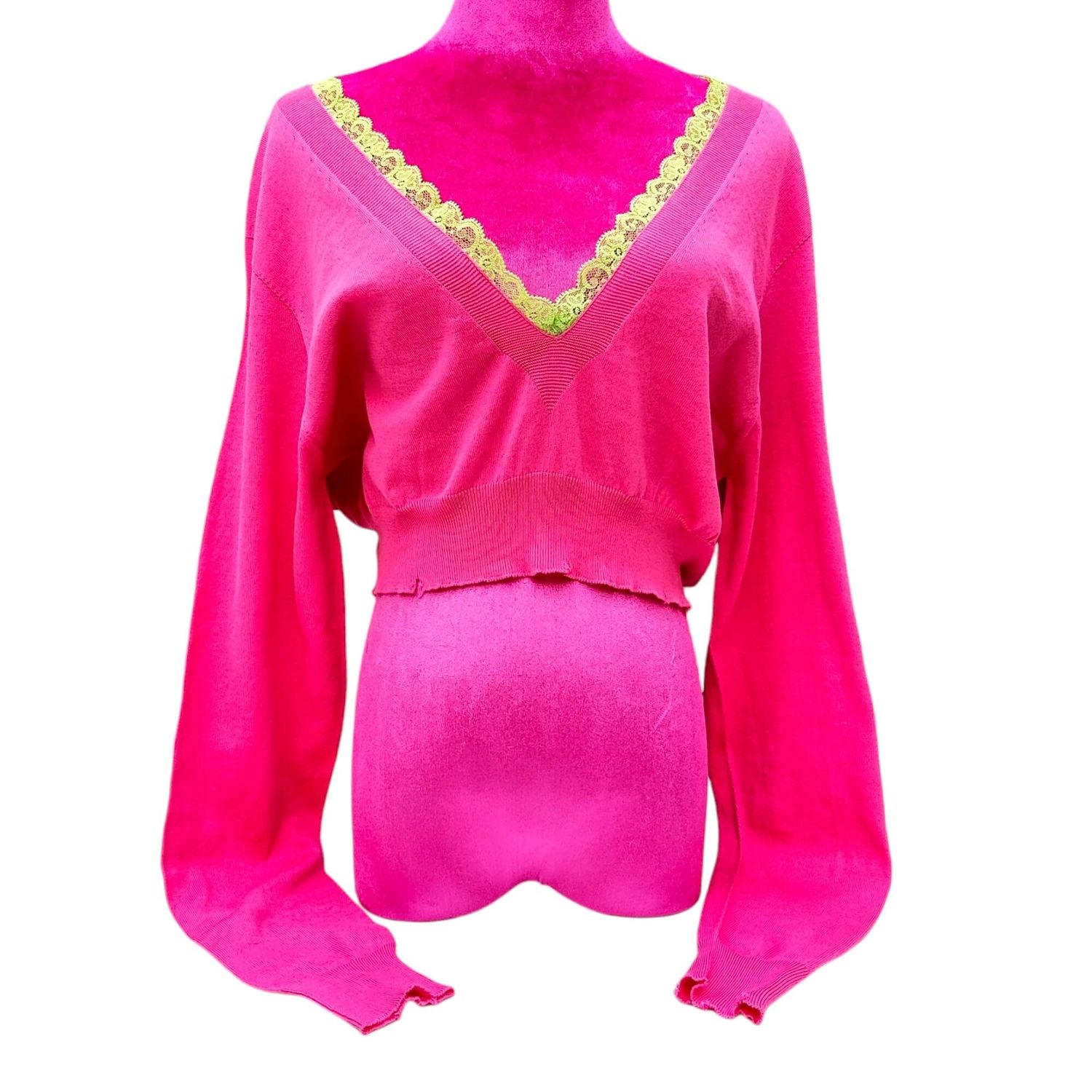 Women&#39;s Short Pink Sweater with Lace V-Neck