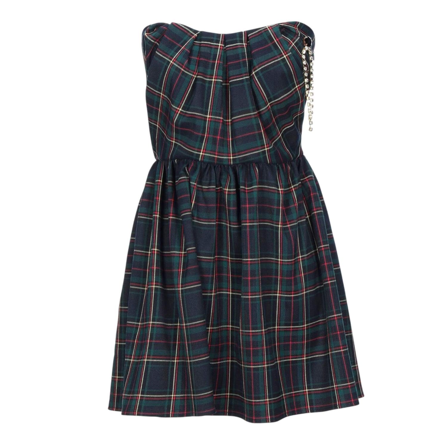 Green tartan strapless dress for women