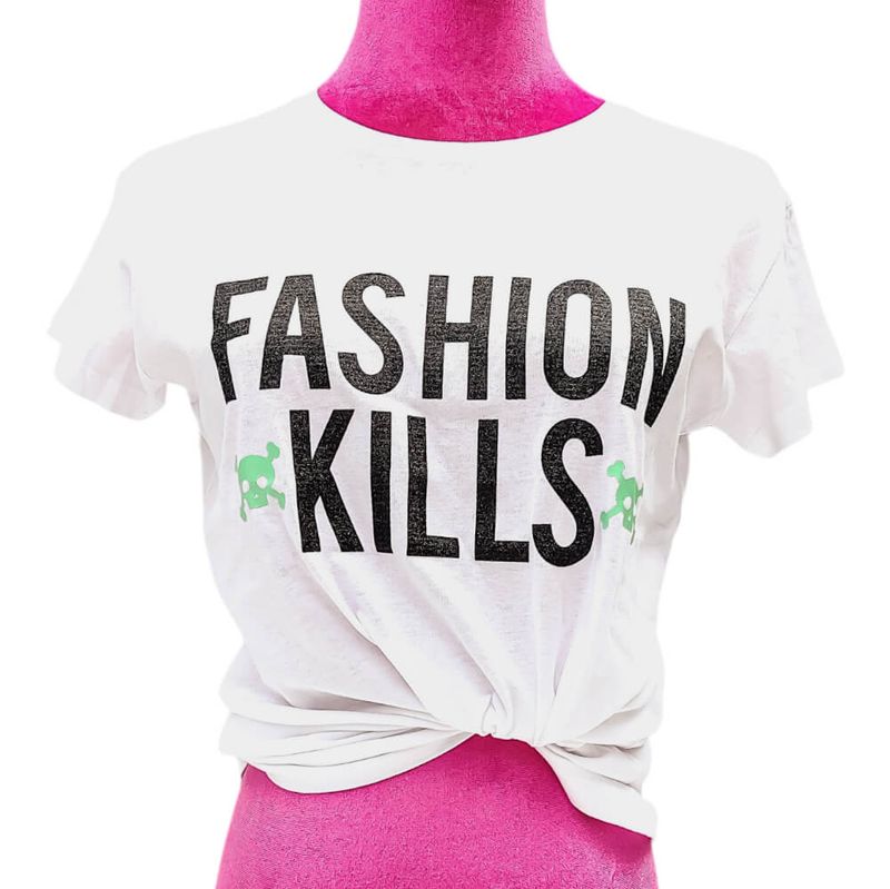  Women&#39;s T-shirt with &#39;Fashion Kills&#39; Black Sequin Inscription and Small Skulls – White