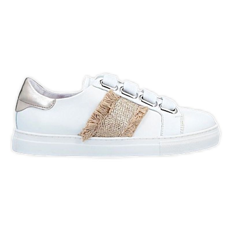 Women&#39;s White Nappa Leather Sneakers with Gold Stripe