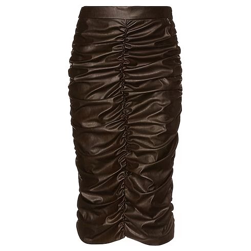 Brown Leather Pencil Skirt With Gathers - Women